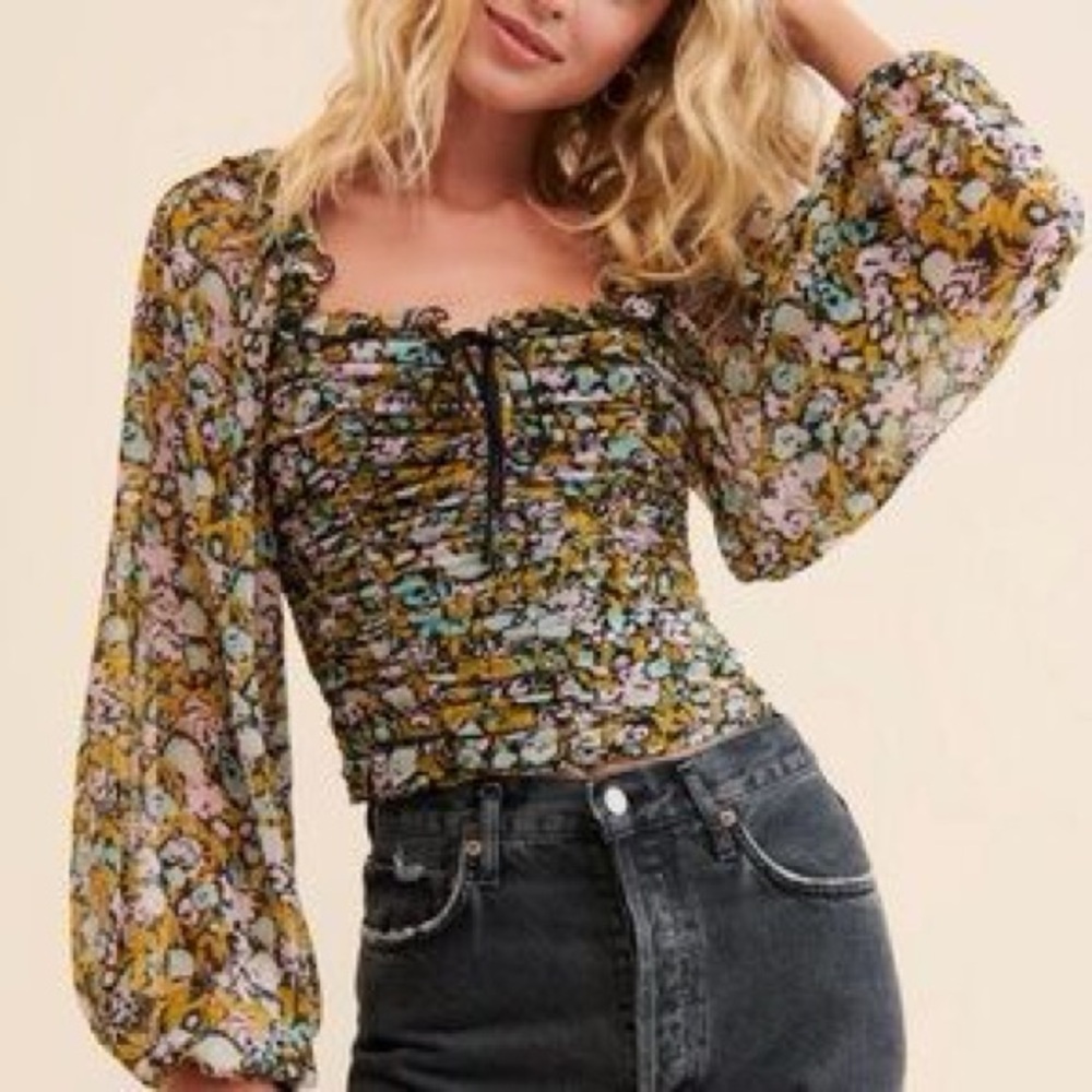 Free People Floral Ruched Lace Up Boho Blouse Sheer Bishop Sleeve Top L